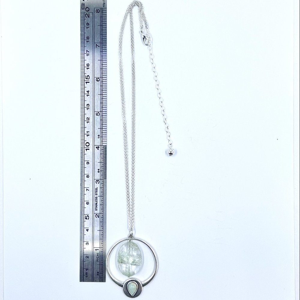 New / Handcrafted - Green Glass Bead Pendant 16” Silver Tone 2 Strand Necklace - Picture 6 of 8